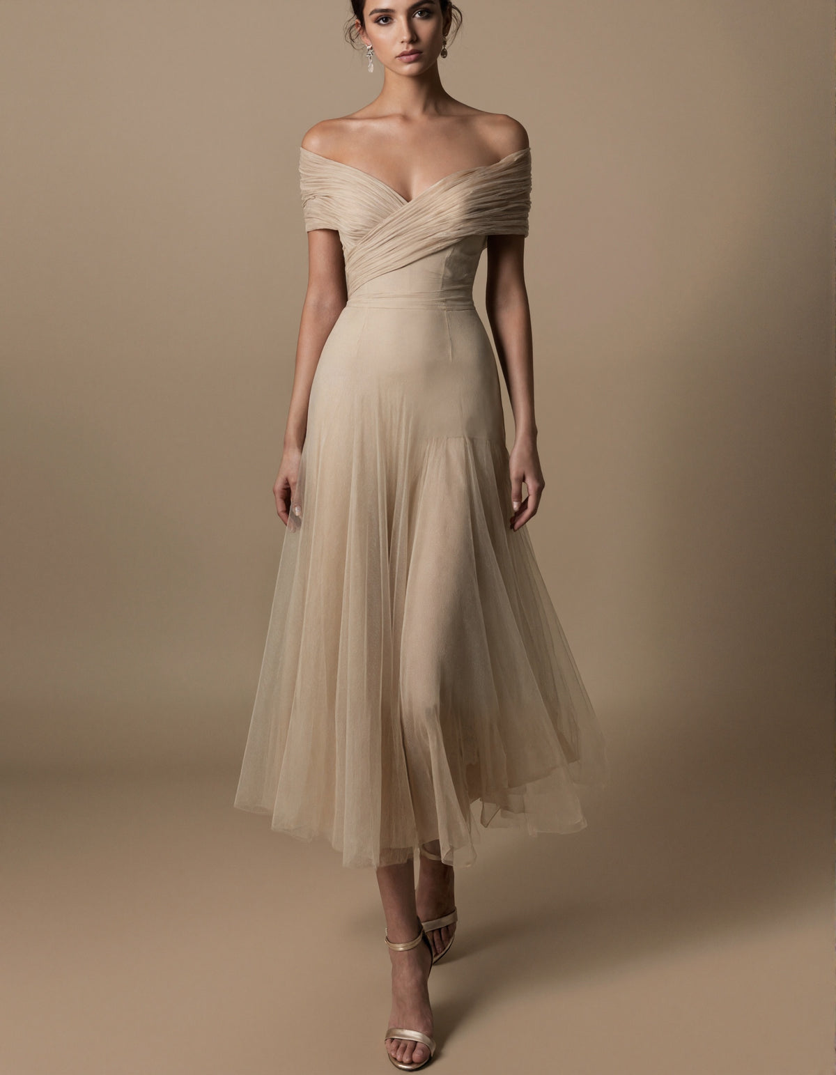 Champagne Colored Tulle Off Shoulder Pleats Maxi Dress