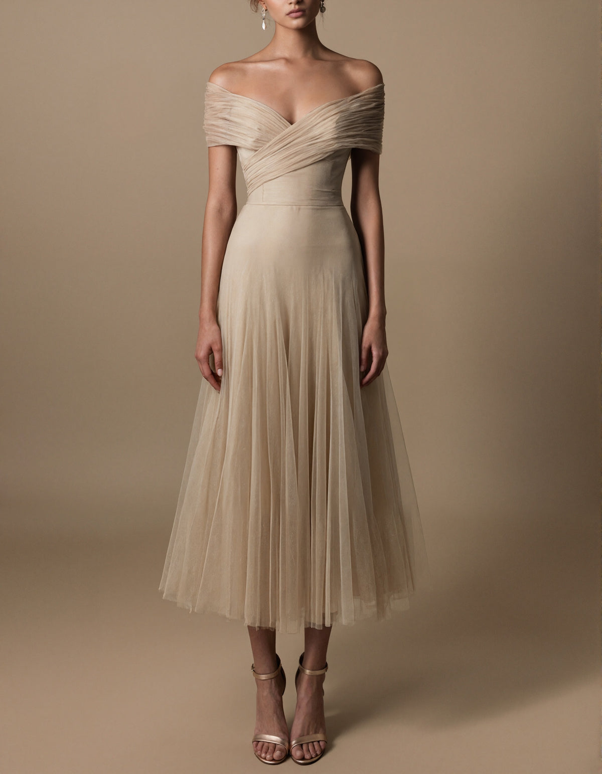 Champagne Colored Tulle Off Shoulder Pleats Maxi Dress