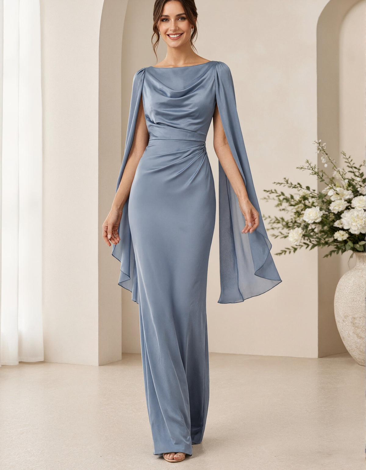 Grey Blue Satin Draped Collar And Shawl Sleeves Maxi Dress
