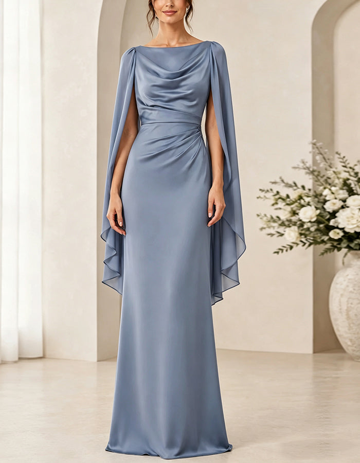 Grey Blue Satin Draped Collar And Shawl Sleeves Maxi Dress