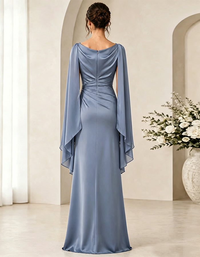Grey Blue Satin Draped Collar And Shawl Sleeves Maxi Dress