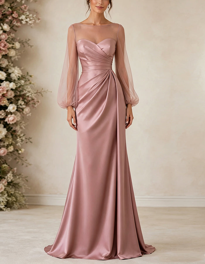 Pink Round Neck Satin Tulle Puff Sleeves Maxi Dress