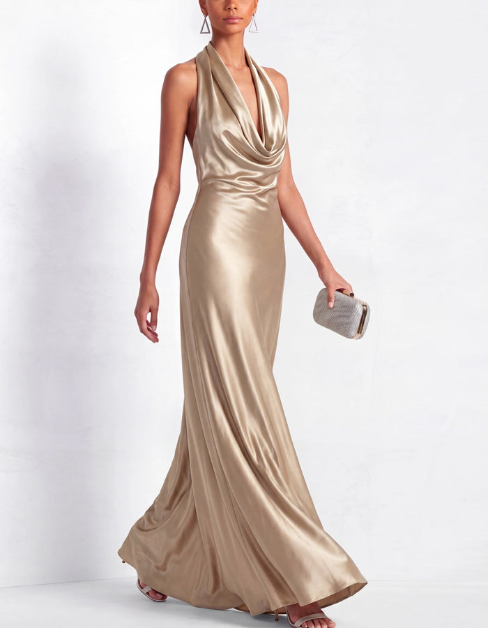 Champagne Colored Satin Backless Halter Neck Fishtail Maxi Dress