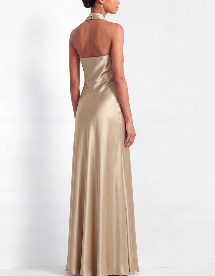 Champagne Colored Satin Backless Halter Neck Fishtail Maxi Dress