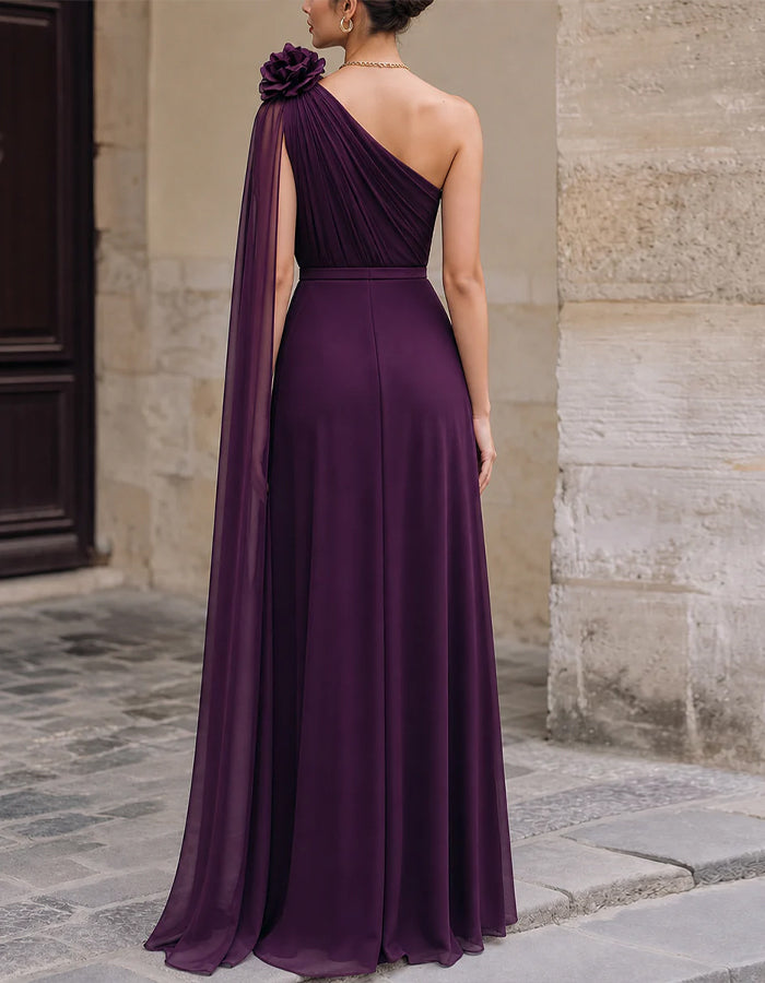 Purple Chiffon One Shoulder 3d Floral Design Maxi Dress