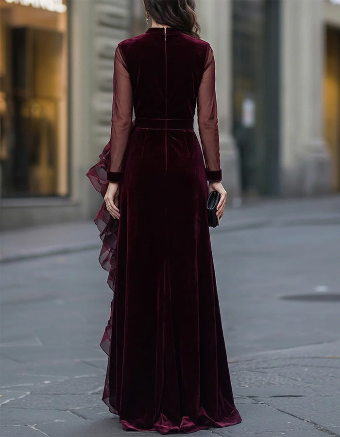 Burgundy Red Velvet Tulle Mesh Patchwork Maxi Dress