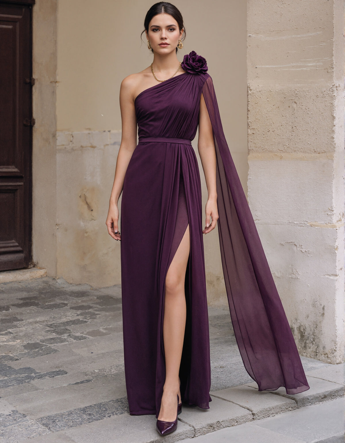 Purple Chiffon One Shoulder 3d Floral Design Maxi Dress