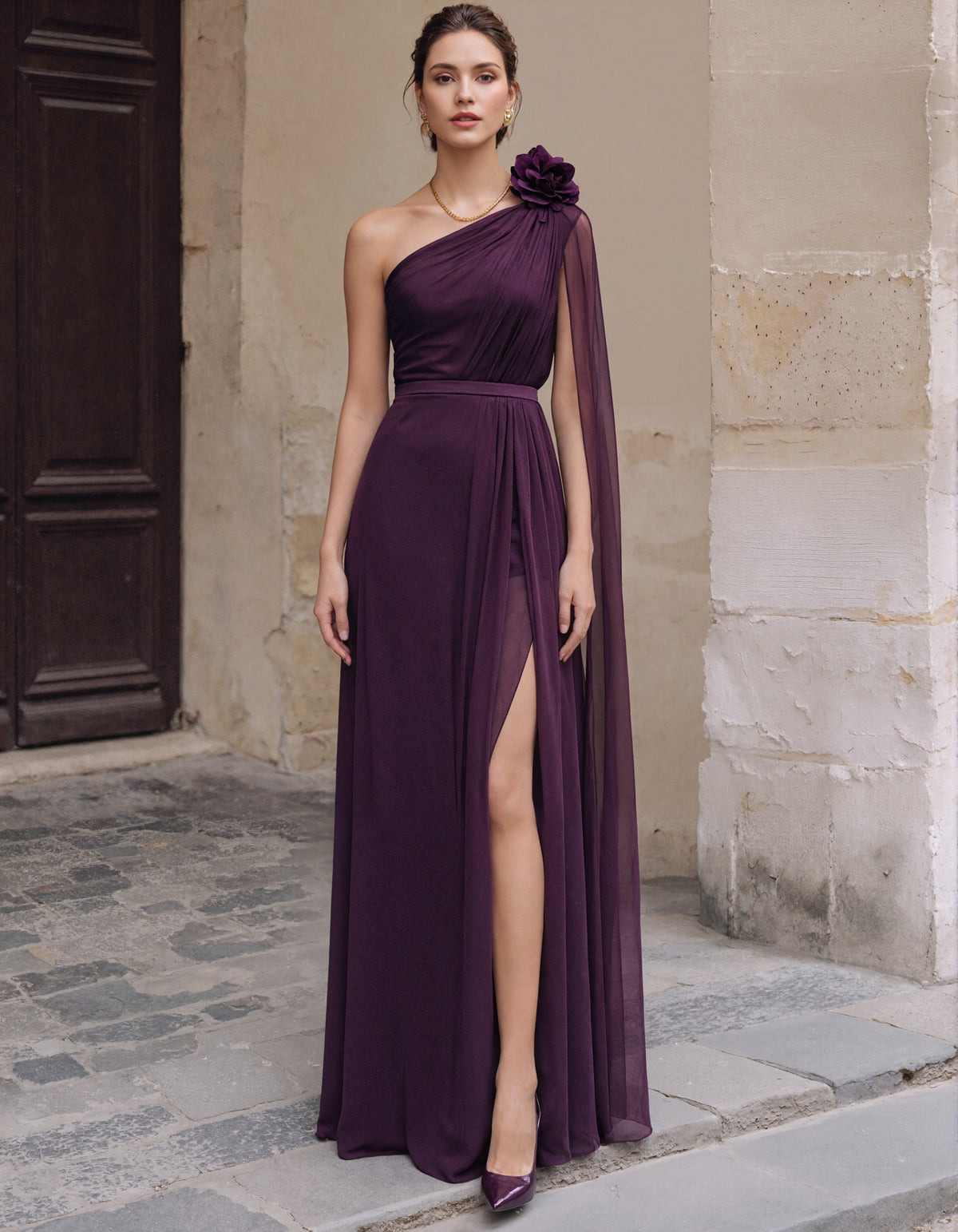 Purple Chiffon One Shoulder 3d Floral Design Maxi Dress