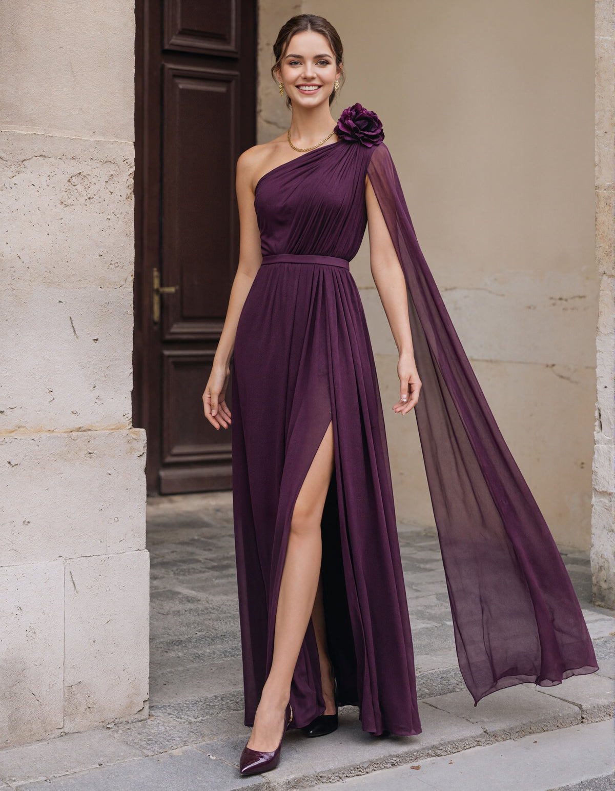 Purple Chiffon One Shoulder 3d Floral Design Maxi Dress