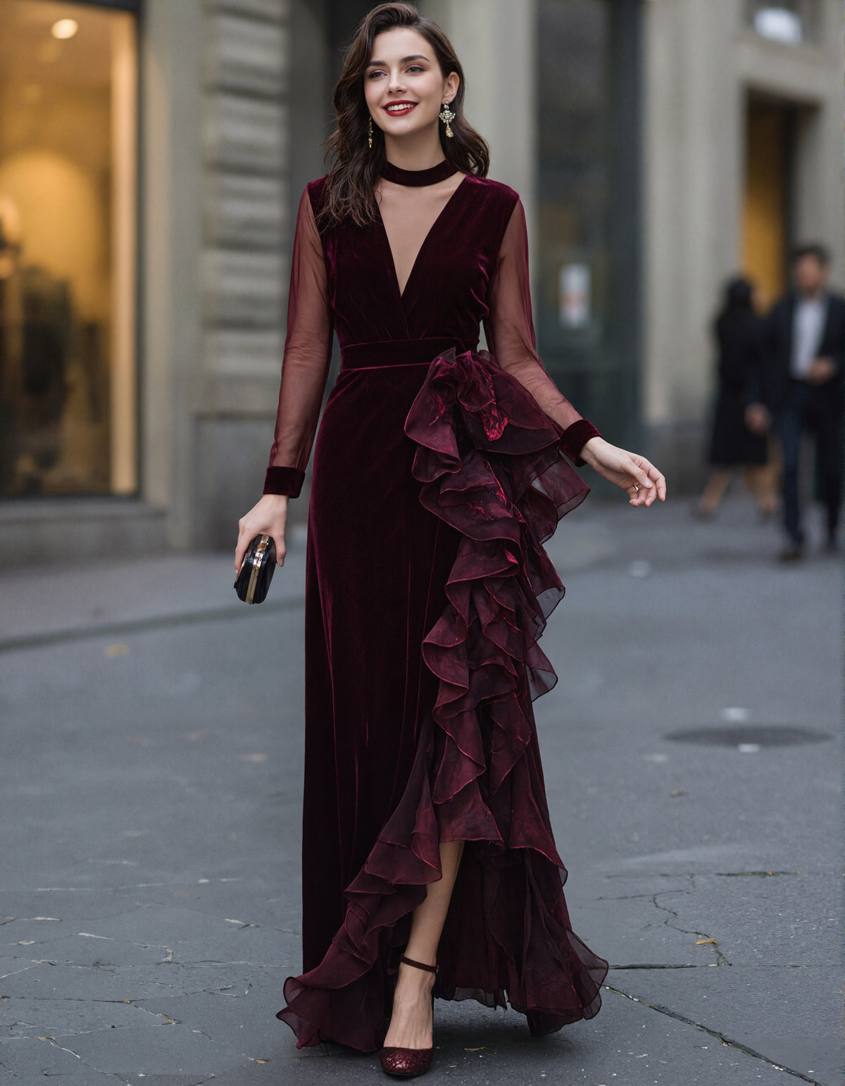 Burgundy Red Velvet Tulle Mesh Patchwork Maxi Dress