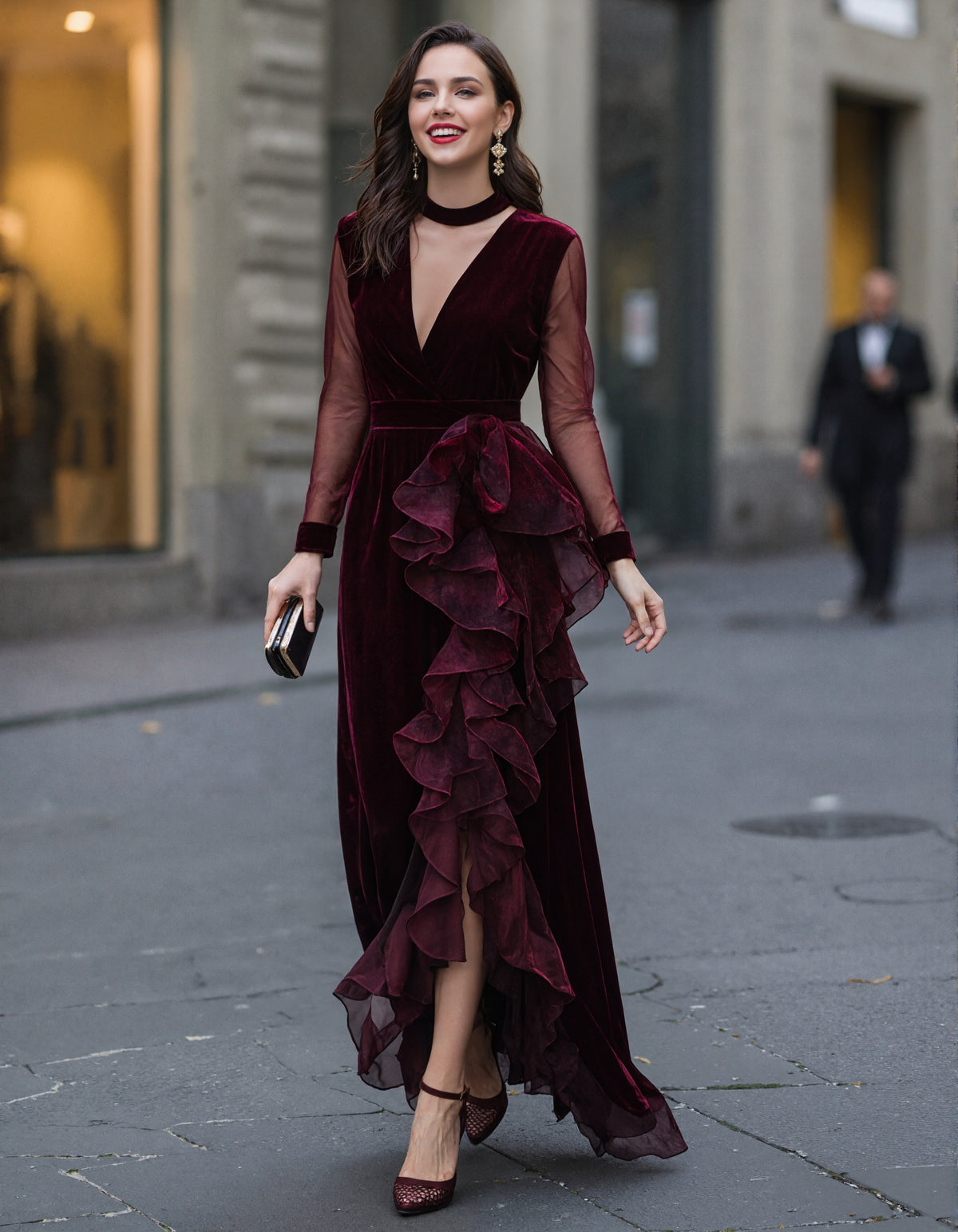 Burgundy Red Velvet Tulle Mesh Patchwork Maxi Dress