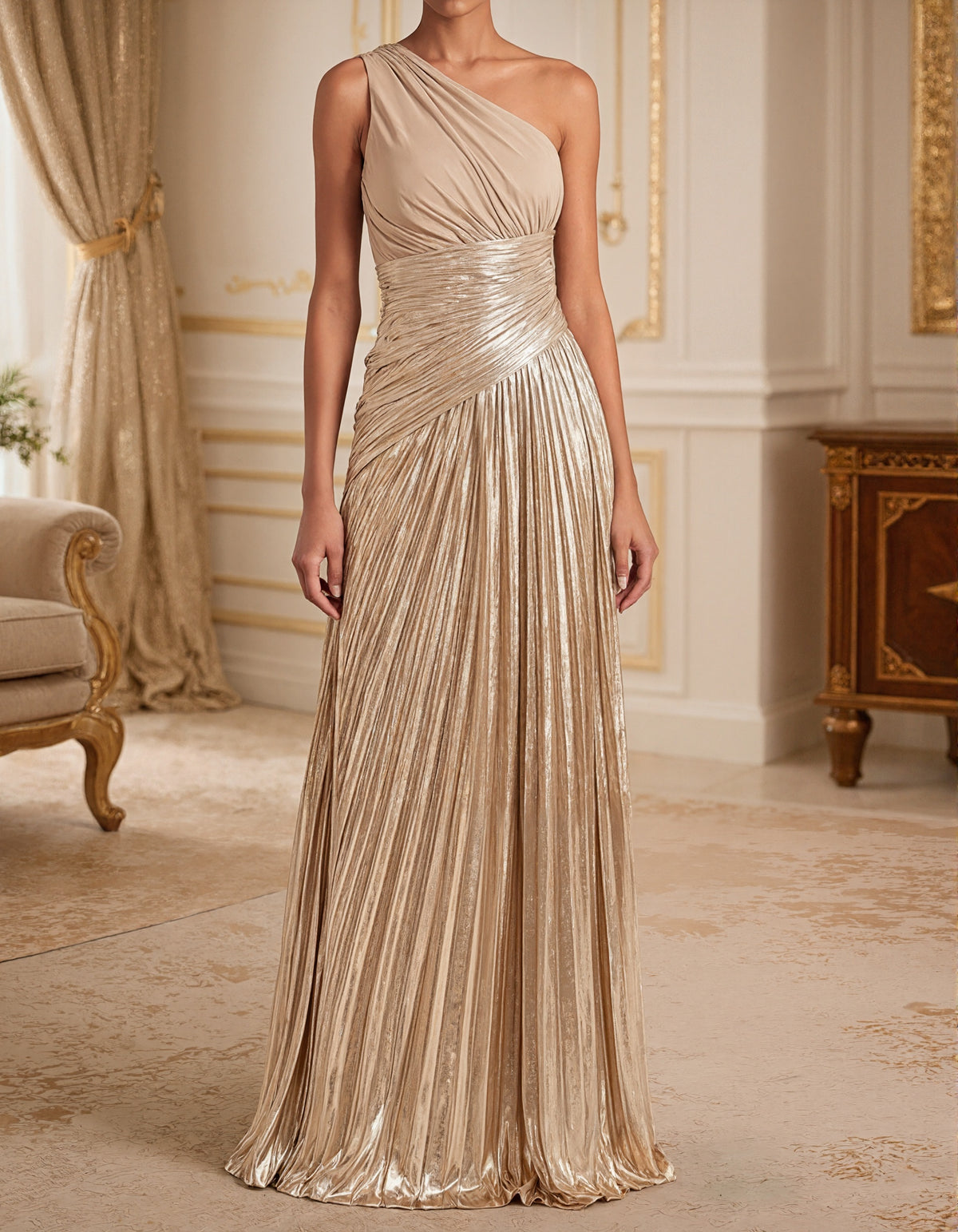 One Shoulder Chiffon Patchwork Maxi Dress