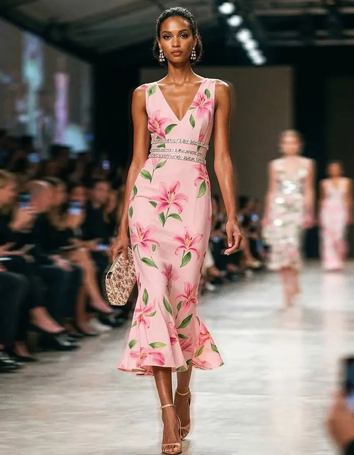 Charming Pink Floral Midi Dress with Crystal Waist Detailing