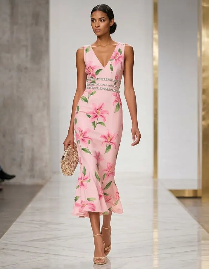 Encantador vestido midi floral rosa con detalles de cristales en la cintura