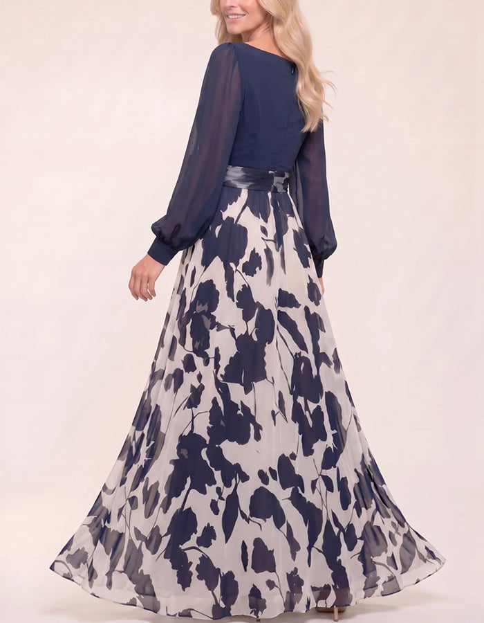 Cowl Neck Puff Sleeve Belted 3D Flower Leaf Print Chiffon Maxi Dress