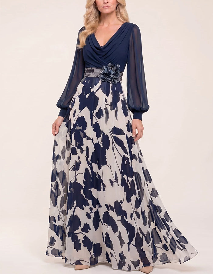 Cowl Neck Puff Sleeve Belted 3D Flower Leaf Print Chiffon Maxi Dress