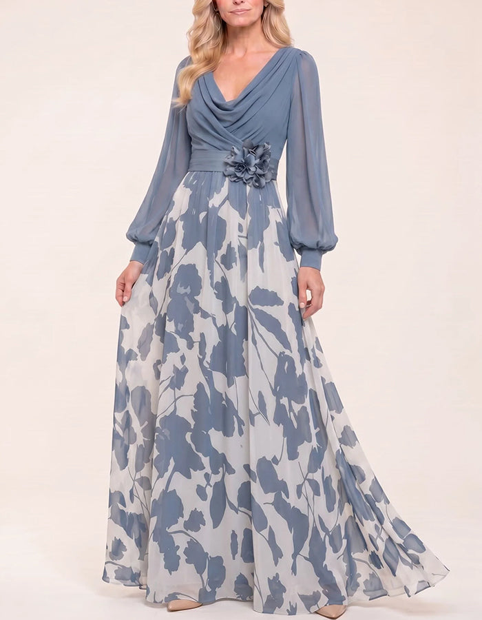 Cowl Neck Puff Sleeve Belted 3D Flower Leaf Print Chiffon Maxi Dress