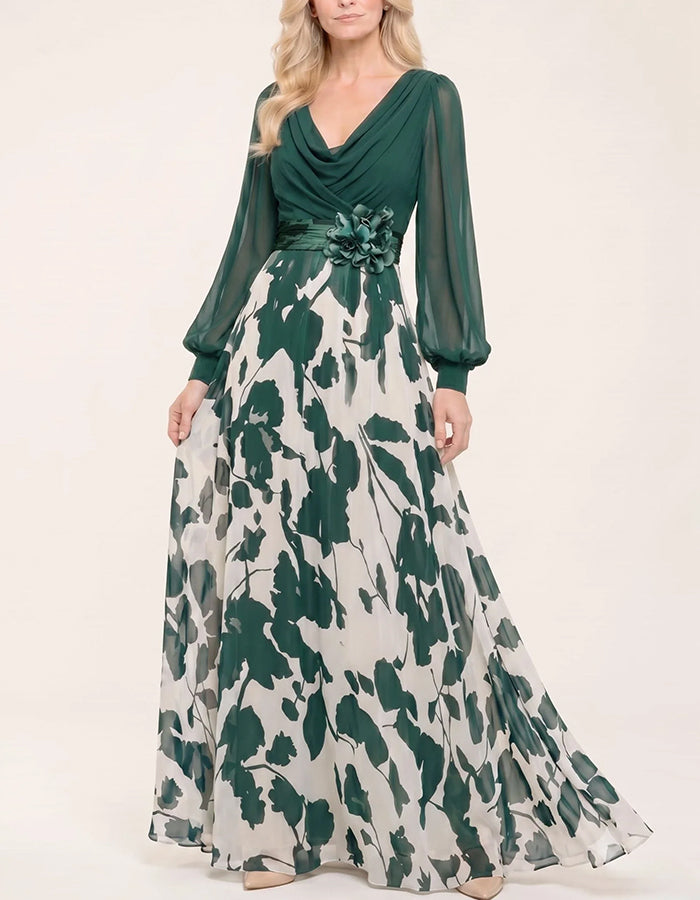 Cowl Neck Puff Sleeve Belted 3D Flower Leaf Print Chiffon Maxi Dress