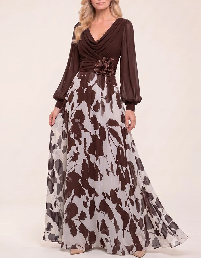 Cowl Neck Puff Sleeve Belted 3D Flower Leaf Print Chiffon Maxi Dress