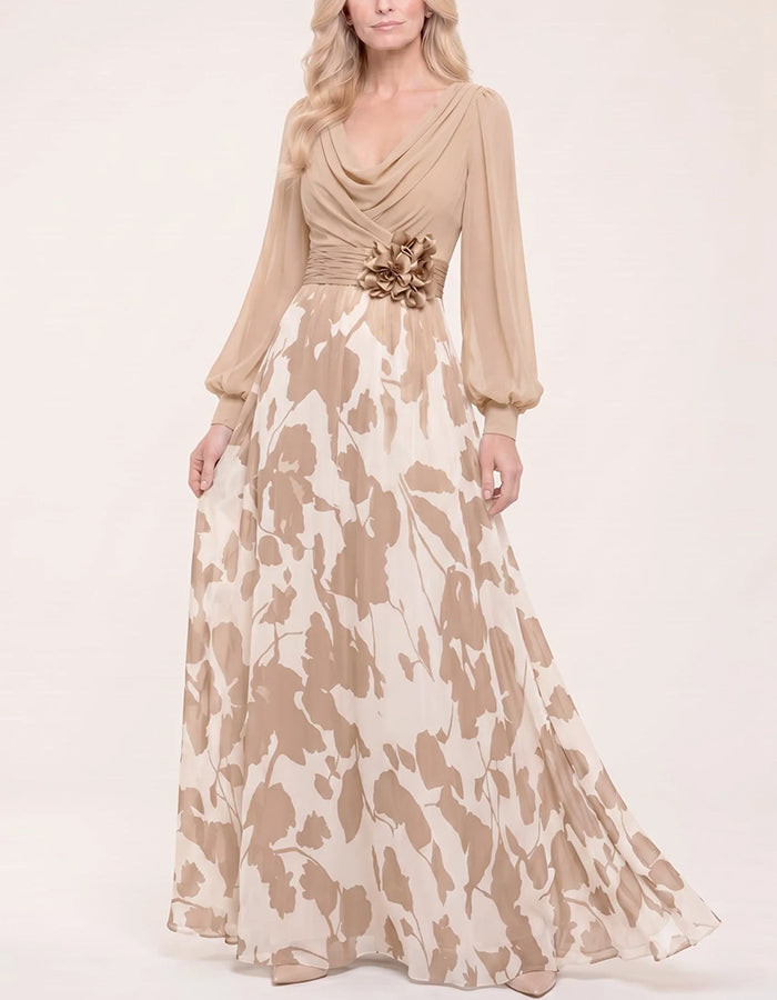 Cowl Neck Puff Sleeve Belted 3D Flower Leaf Print Chiffon Maxi Dress