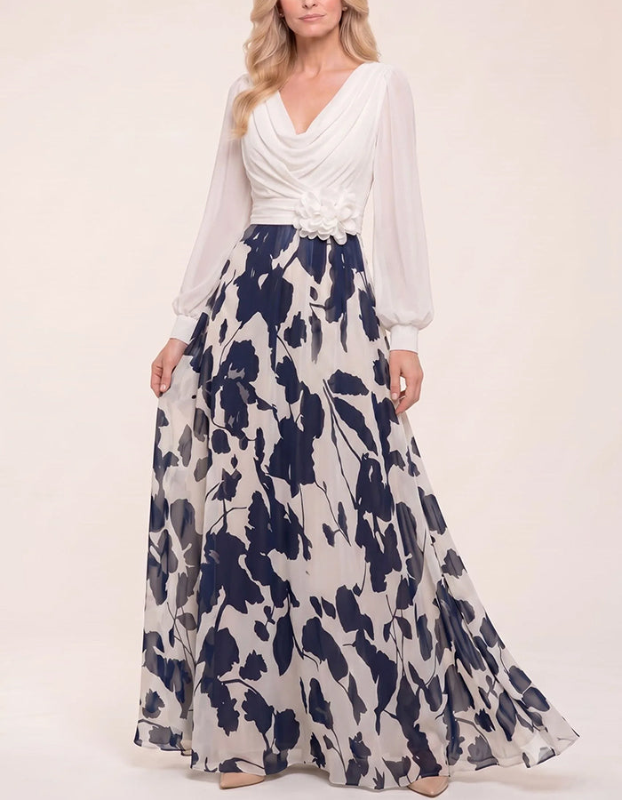 Cowl Neck Puff Sleeve Belted 3D Flower Leaf Print Chiffon Maxi Dress