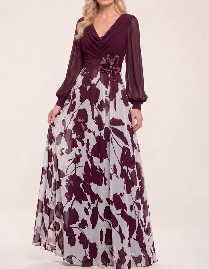 Cowl Neck Puff Sleeve Belted 3D Flower Leaf Print Chiffon Maxi Dress