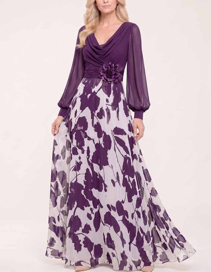 Cowl Neck Puff Sleeve Belted 3D Flower Leaf Print Chiffon Maxi Dress