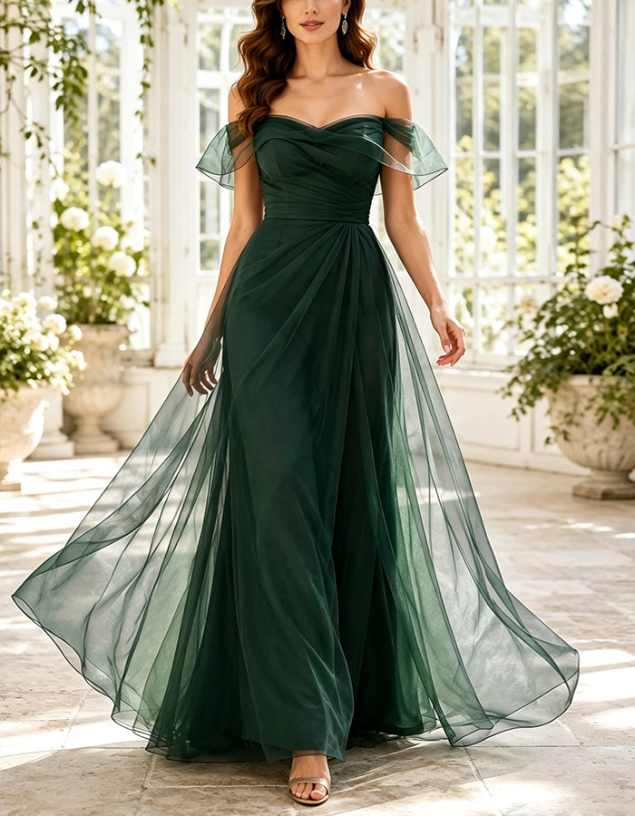 Green Tulle Off Shoulder Ruffle Sleeves Maxi Dress