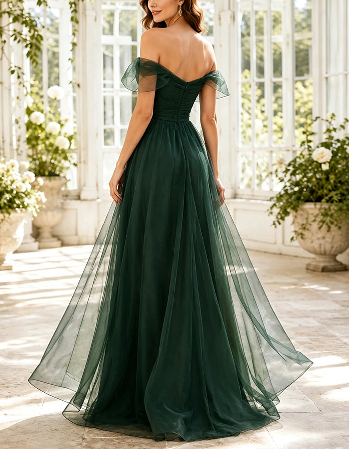Green Tulle Off Shoulder Ruffle Sleeves Maxi Dress