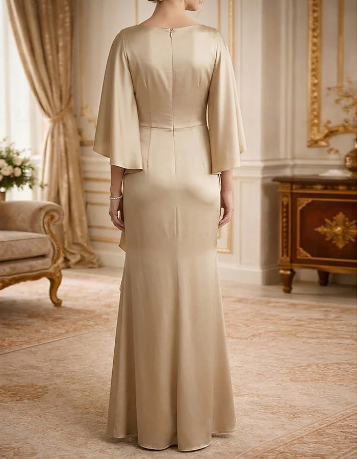Solid Color Satin Boat Neck With Flowing Shawl Sleeves Maxi Dress