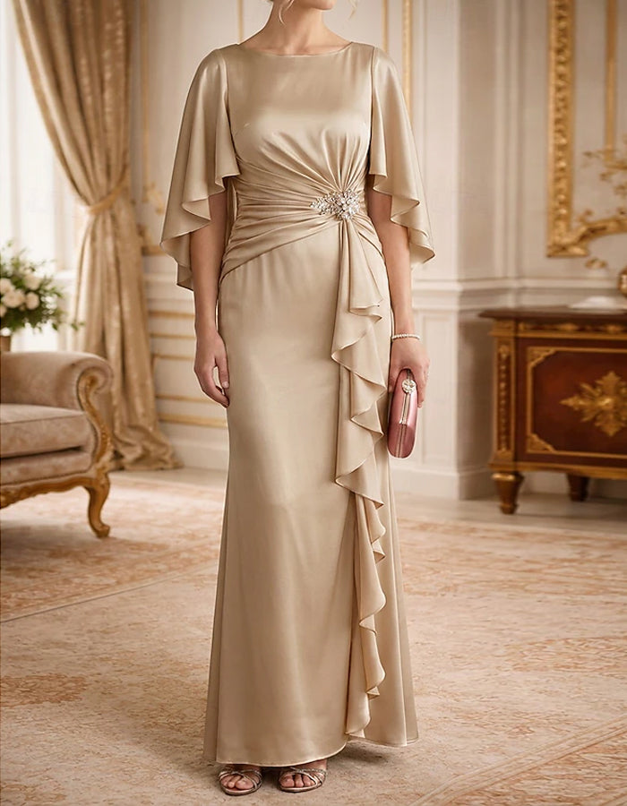Solid Color Satin Boat Neck With Flowing Shawl Sleeves Maxi Dress