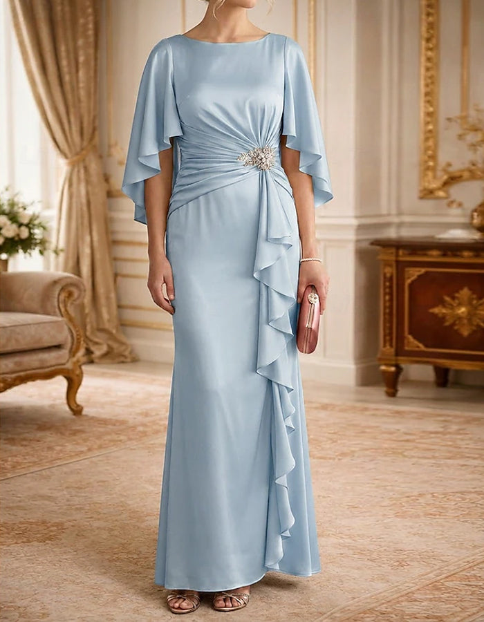 Solid Color Satin Boat Neck With Flowing Shawl Sleeves Maxi Dress