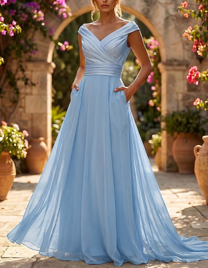 Light Blue Off-the-Shoulder Ruched Chiffon A-Line Maxi Dress