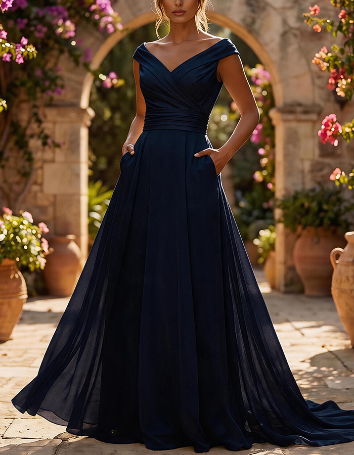 Light Blue Off-the-Shoulder Ruched Chiffon A-Line Maxi Dress