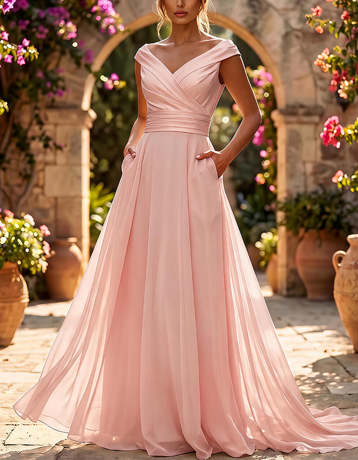 Light Blue Off-the-Shoulder Ruched Chiffon A-Line Maxi Dress
