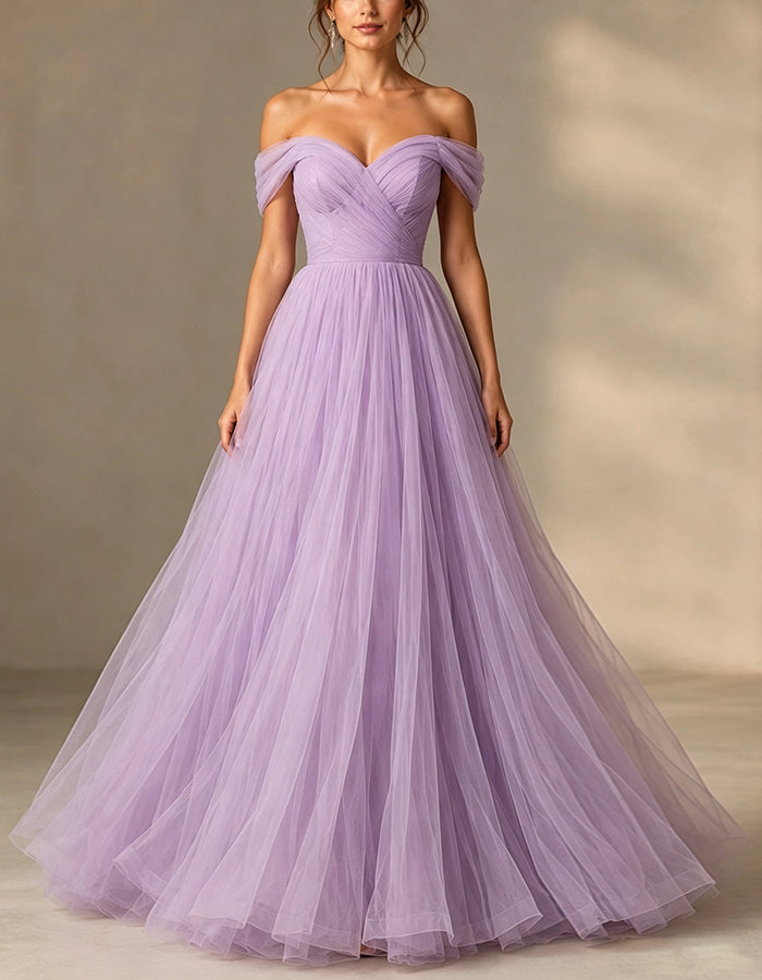 Lavender Colored Sheer Off Shoulder Crossover Maxi Dress
