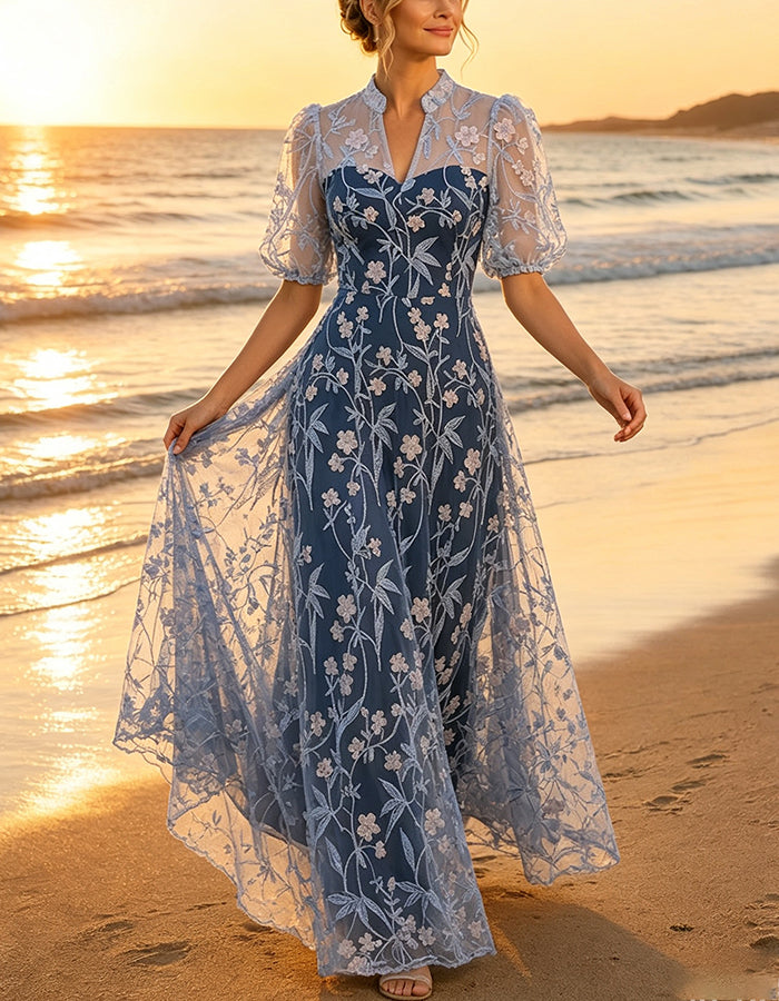 Navy Blue Floral Lace Stand Collar V Split Puff Sleeve Mesh Maxi Dress