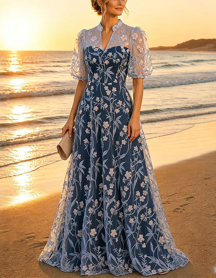 Navy Blue Floral Lace Stand Collar V Split Puff Sleeve Mesh Maxi Dress