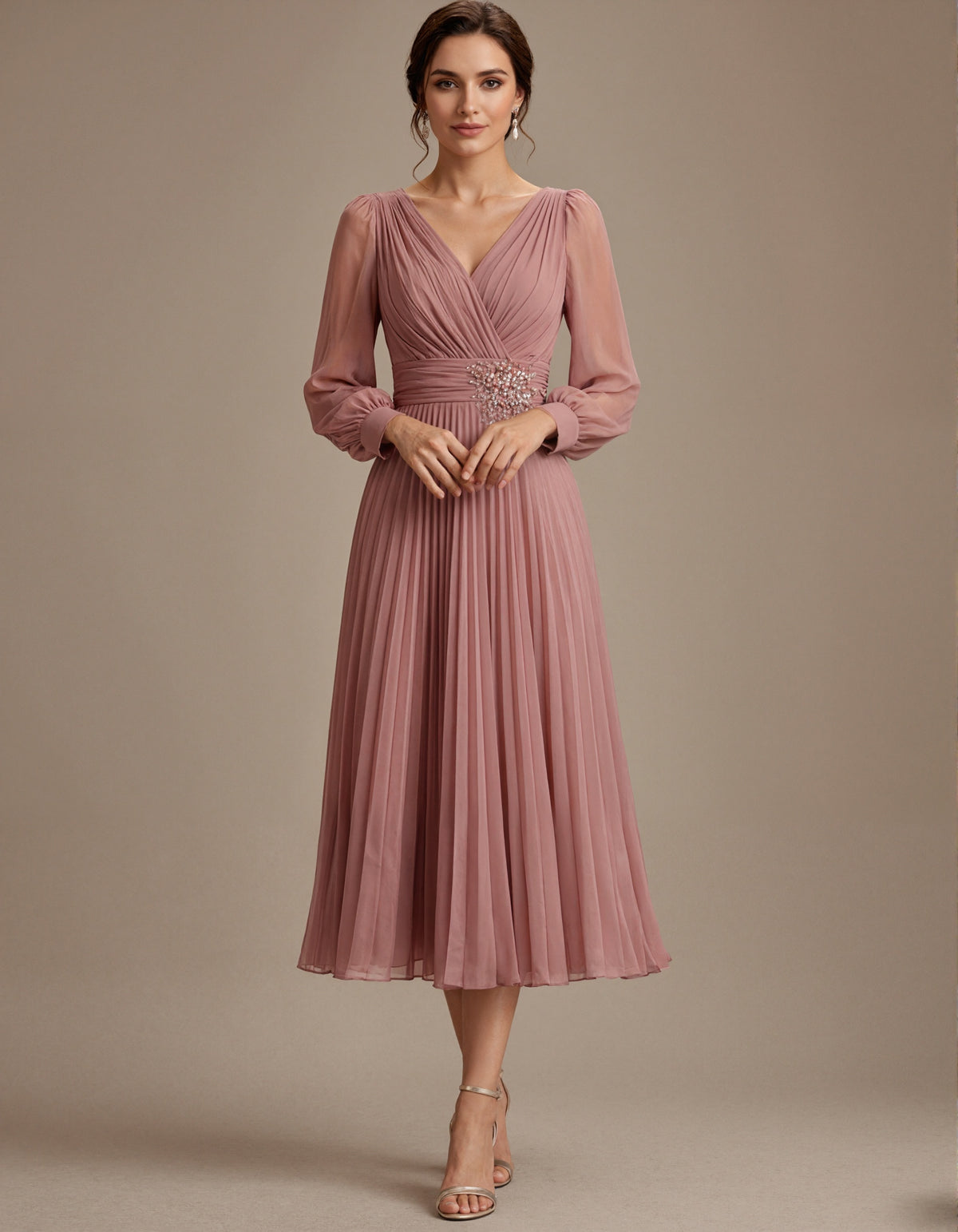 Grayish Pink Chiffon V-neck Long Sleeve Midi Dress