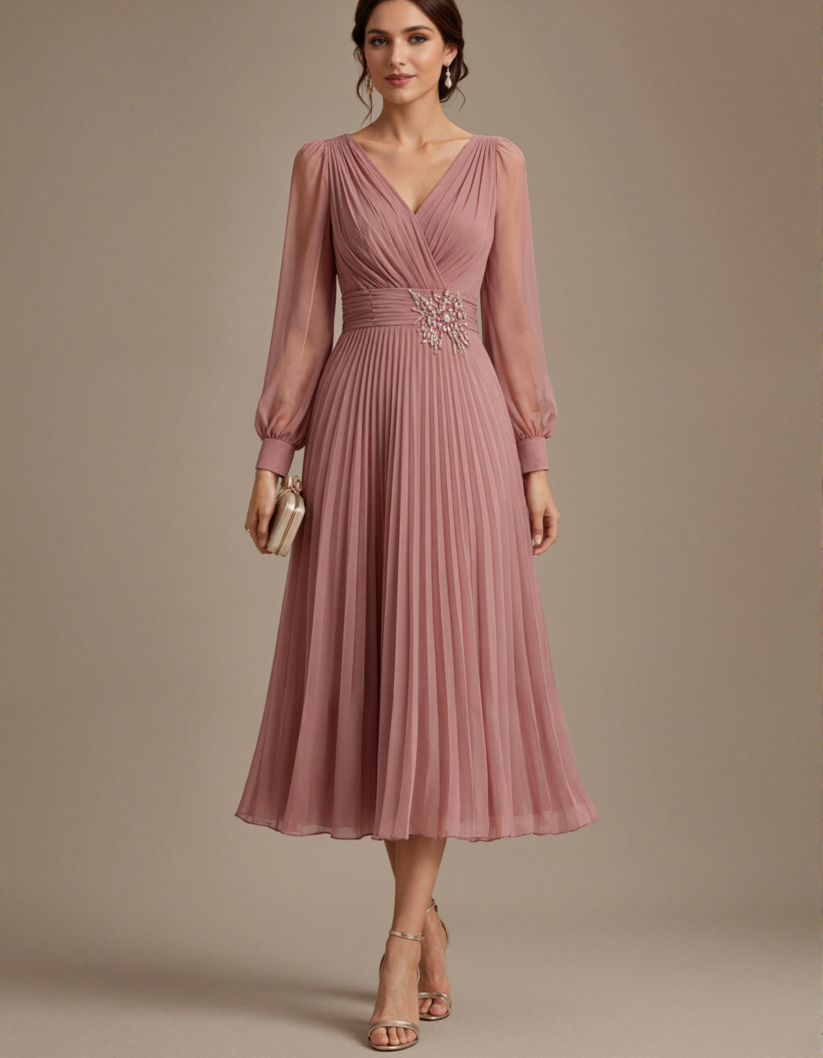 Grayish Pink Chiffon V-neck Long Sleeve Midi Dress