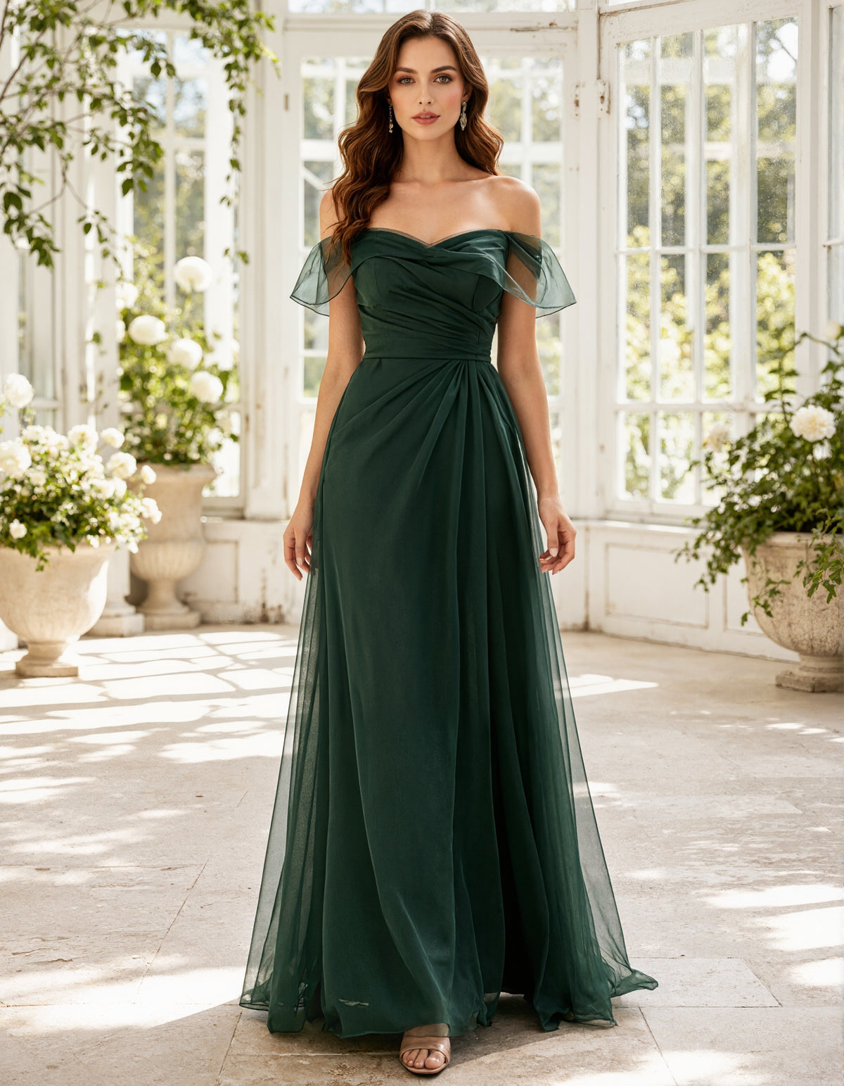 Green Tulle Off Shoulder Ruffle Sleeves Maxi Dress