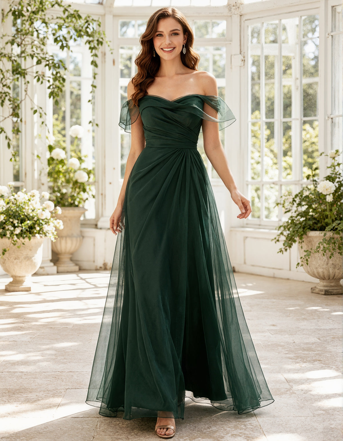 Green Tulle Off Shoulder Ruffle Sleeves Maxi Dress