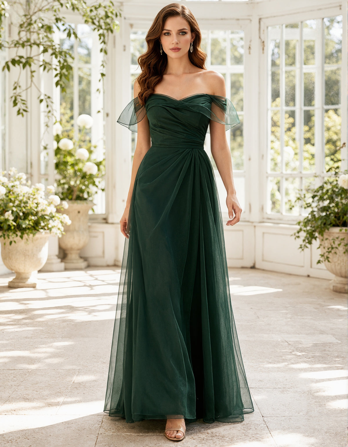 Green Tulle Off Shoulder Ruffle Sleeves Maxi Dress