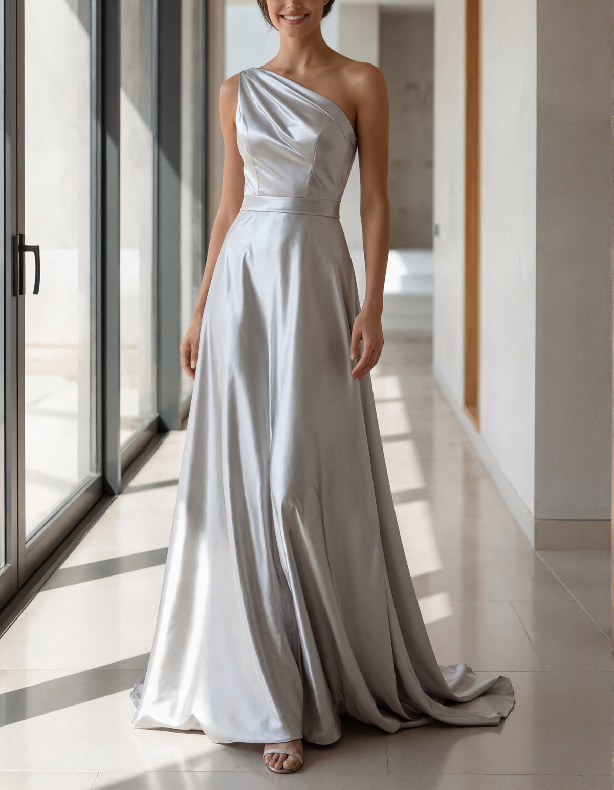 Silver Satin Shoulder Maxi Dress
