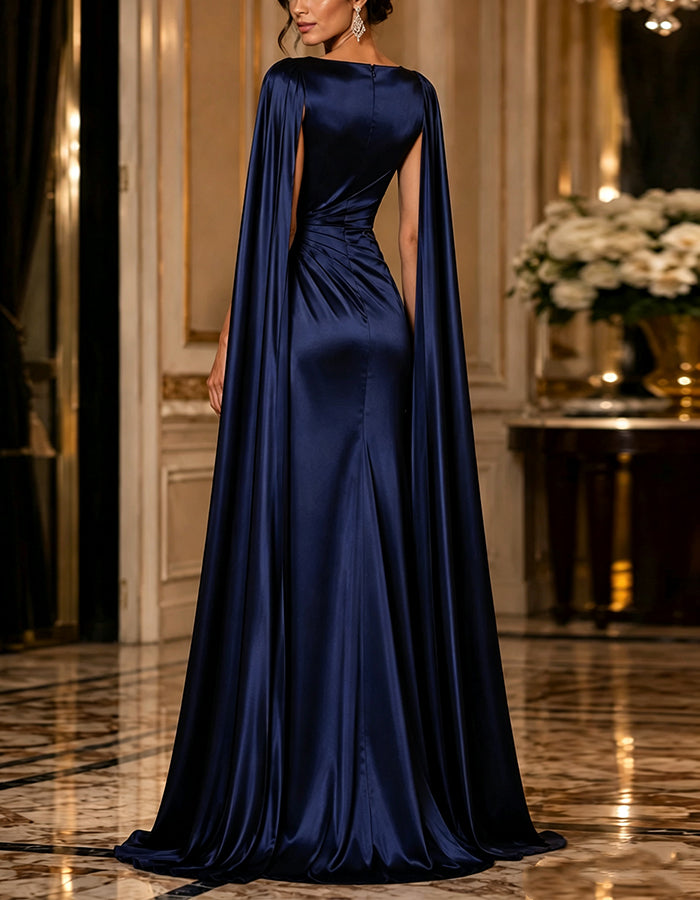 Dark Blue Satin Long Shawl Maxi Dress