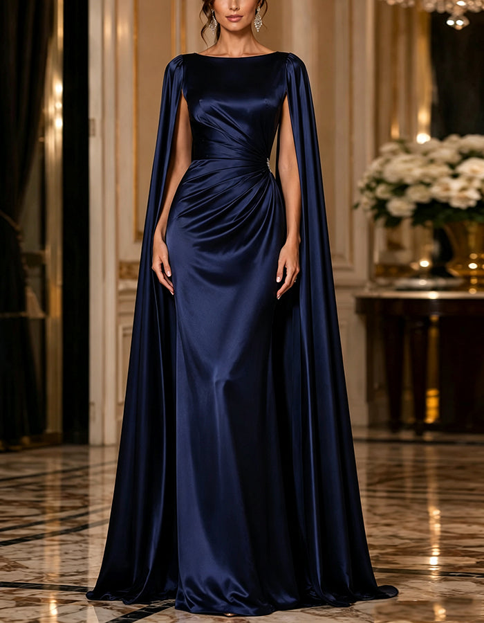 Dark Blue Satin Long Shawl Maxi Dress
