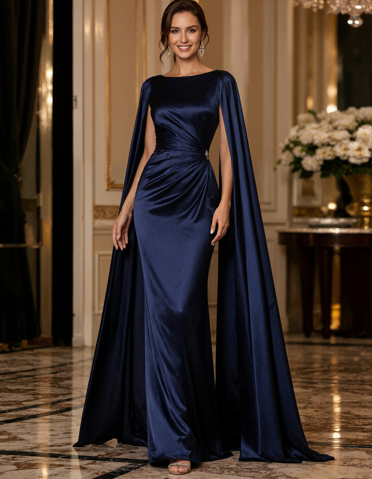 Dark Blue Satin Long Shawl Maxi Dress