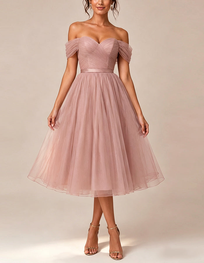 Pink Tulle Off Shoulder Midi Dress