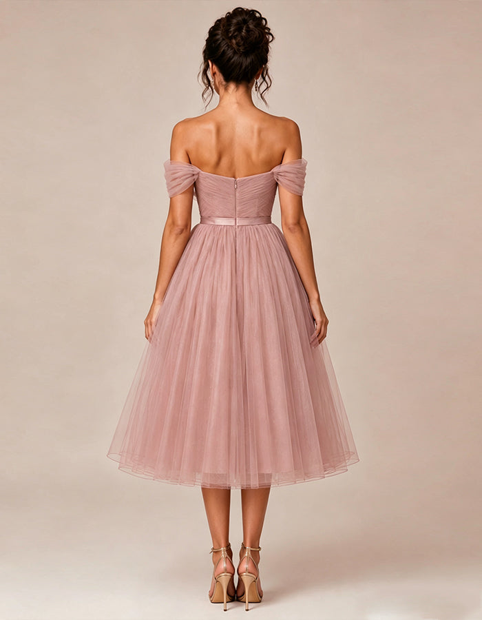Pink Tulle Off Shoulder Midi Dress