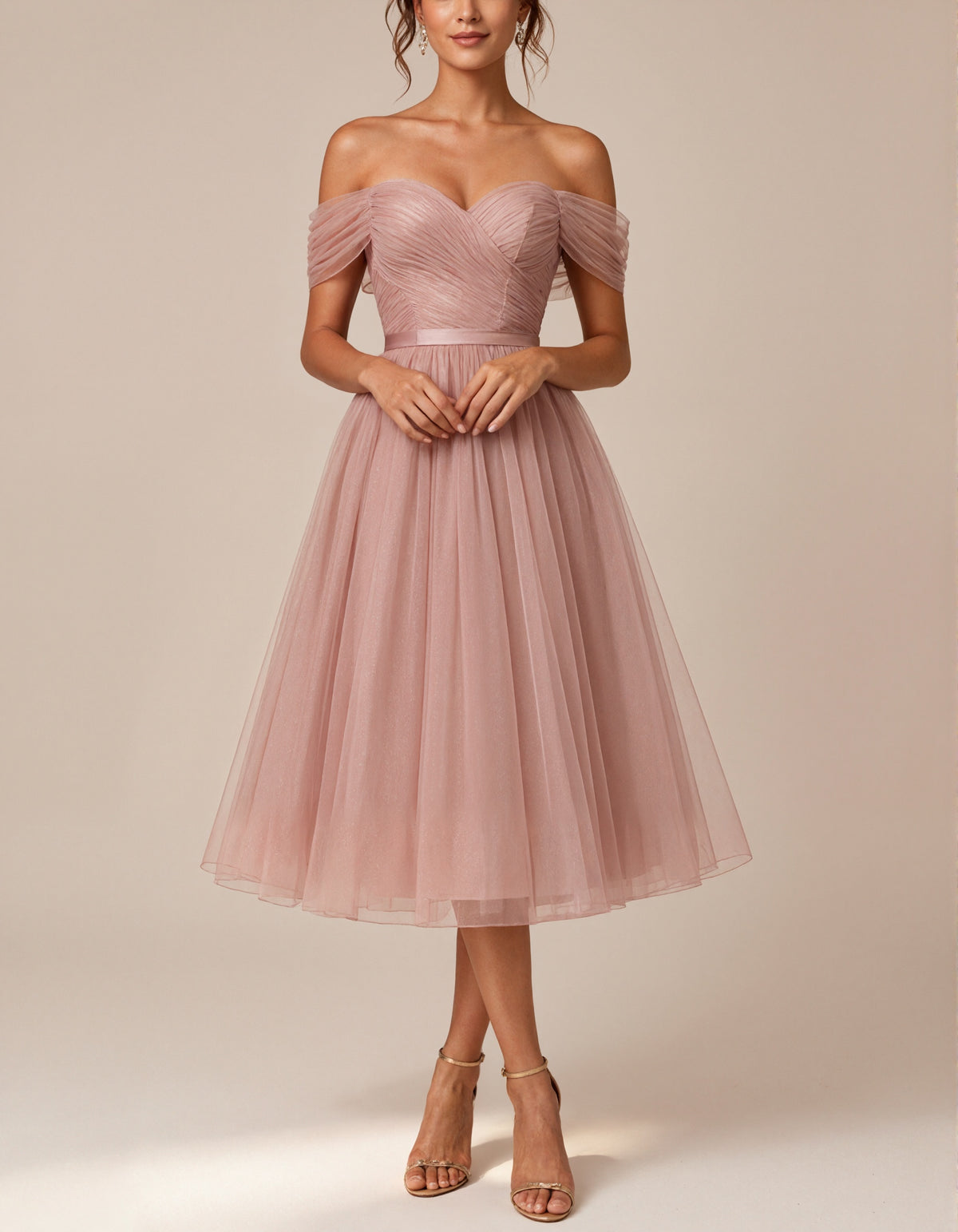 Pink Tulle Off Shoulder Midi Dress